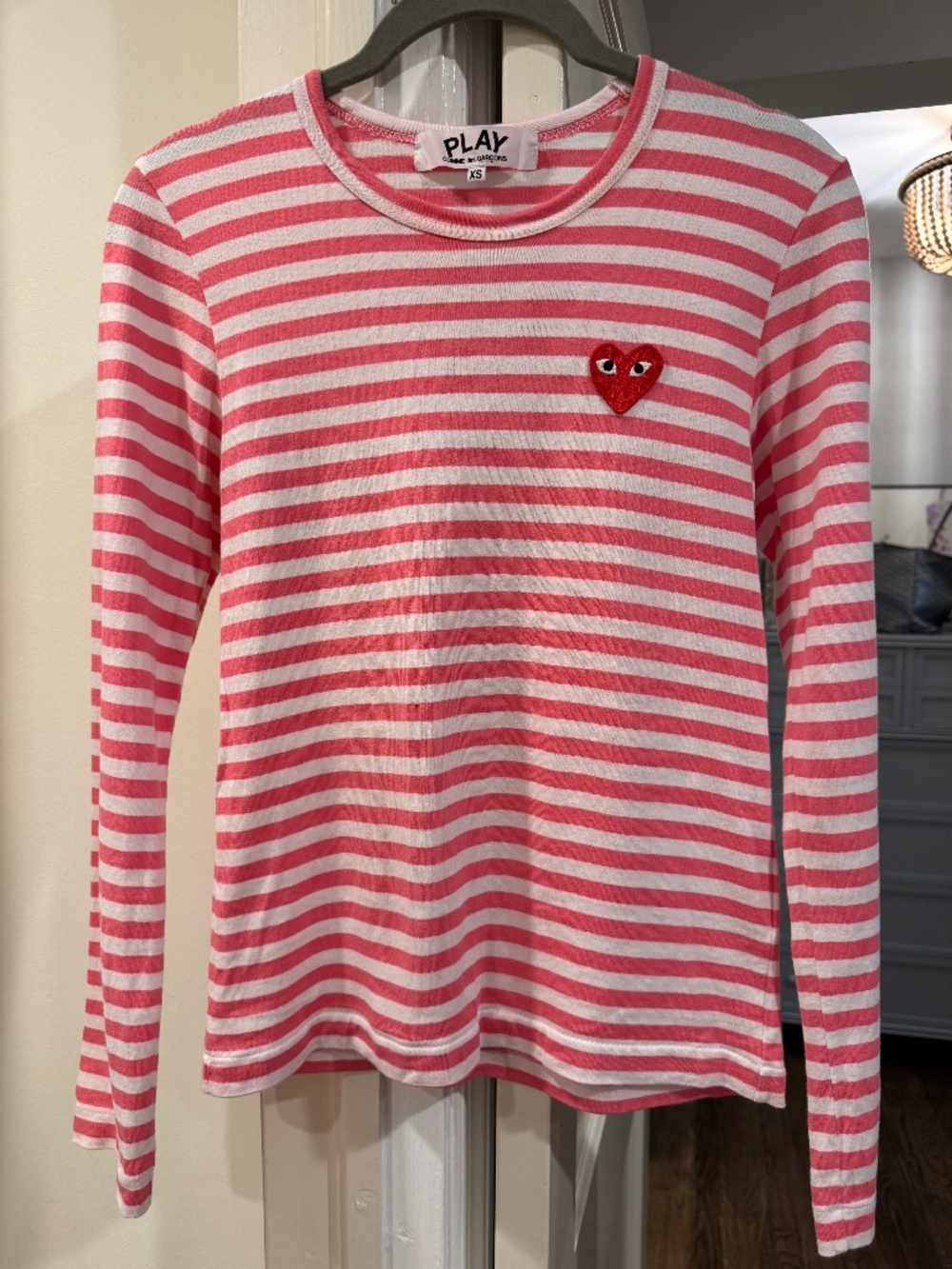 Comme des Garcons PLAY Pink Striped Long Sleeve Tee Red Heart Women's XS
